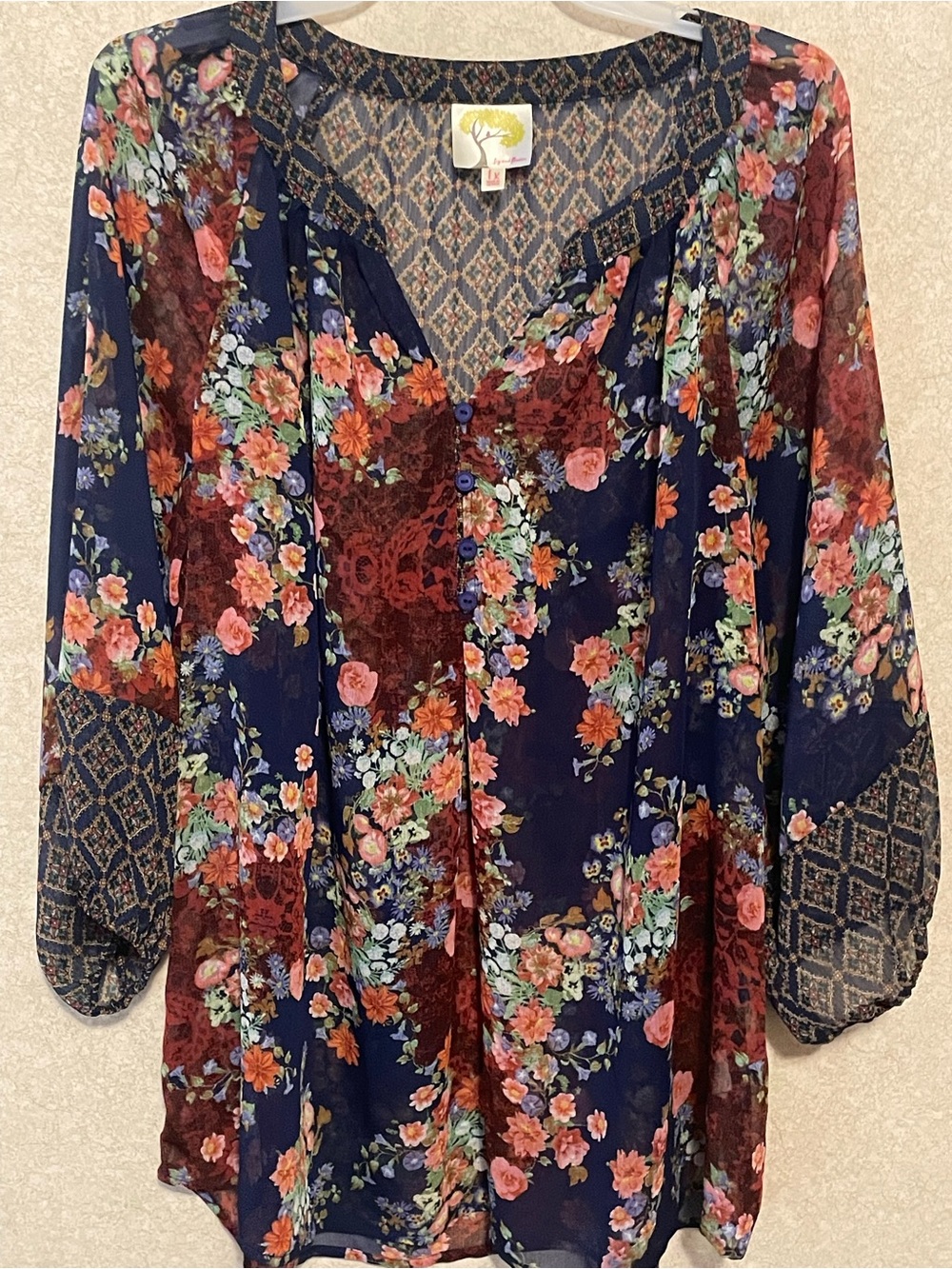fig and flower Navy and Burgundy Floral Sheer Peasant Tunic